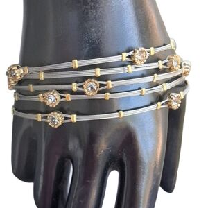 Seasonal Whispers 5-Piece Mixed Metal Bangle Set | Rhinestone & Gold Bead Stack